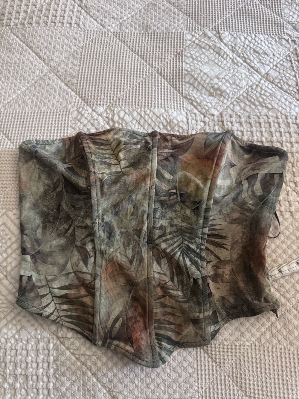 Leaf Print Strapless Corset Top in Muted Earth Tones